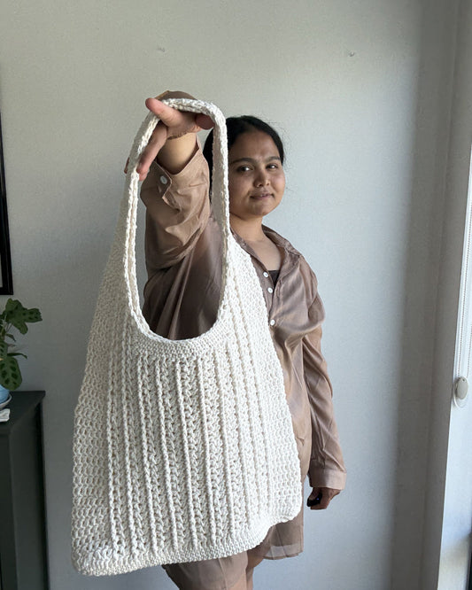 Cotton V Post Stitch Handmade Crochet Tote Bag - Eco-Friendly Mesh Shoulder Bag