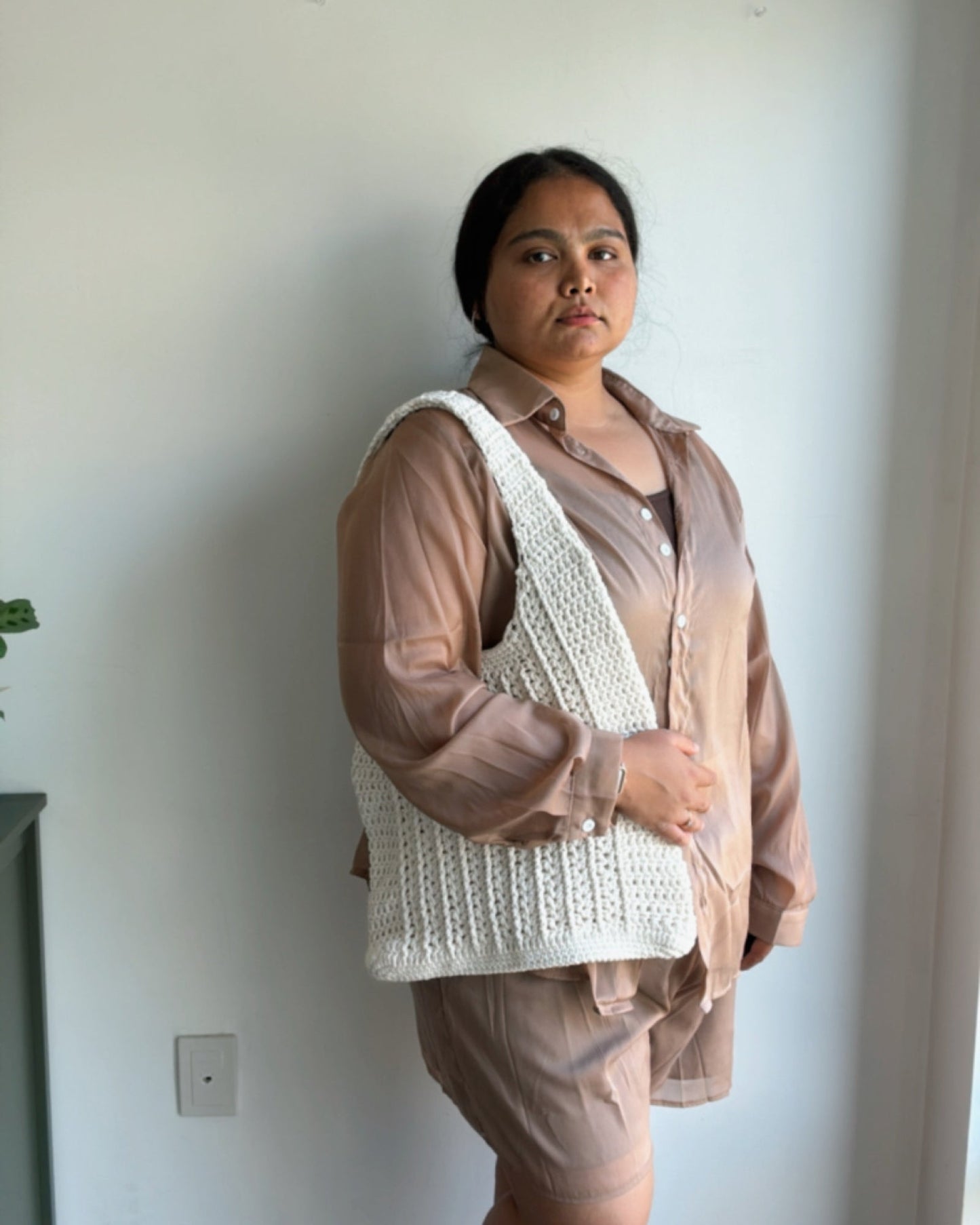 Cotton V Post Stitch Handmade Crochet Tote Bag - Eco-Friendly Mesh Shoulder Bag