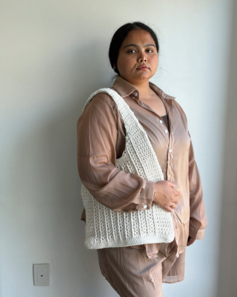 Cotton V Post Stitch Handmade Crochet Tote Bag - Eco-Friendly Mesh Shoulder Bag