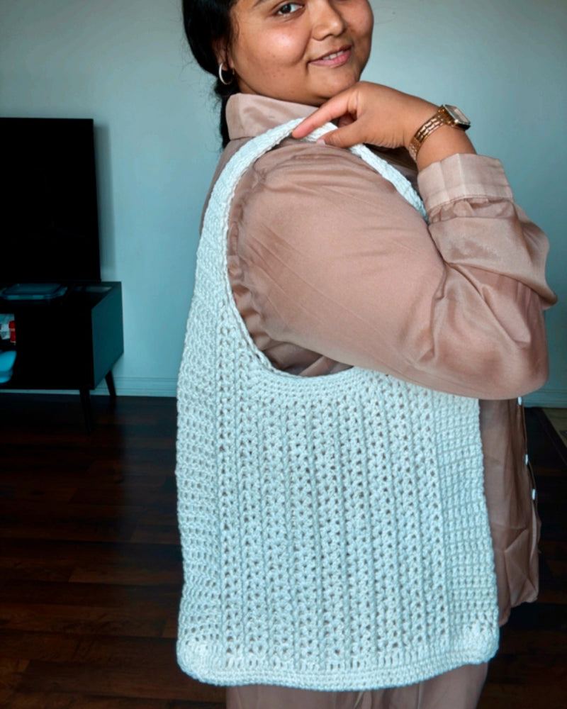 Cotton V Post Stitch Handmade Crochet Tote Bag - Eco-Friendly Mesh Shoulder Bag