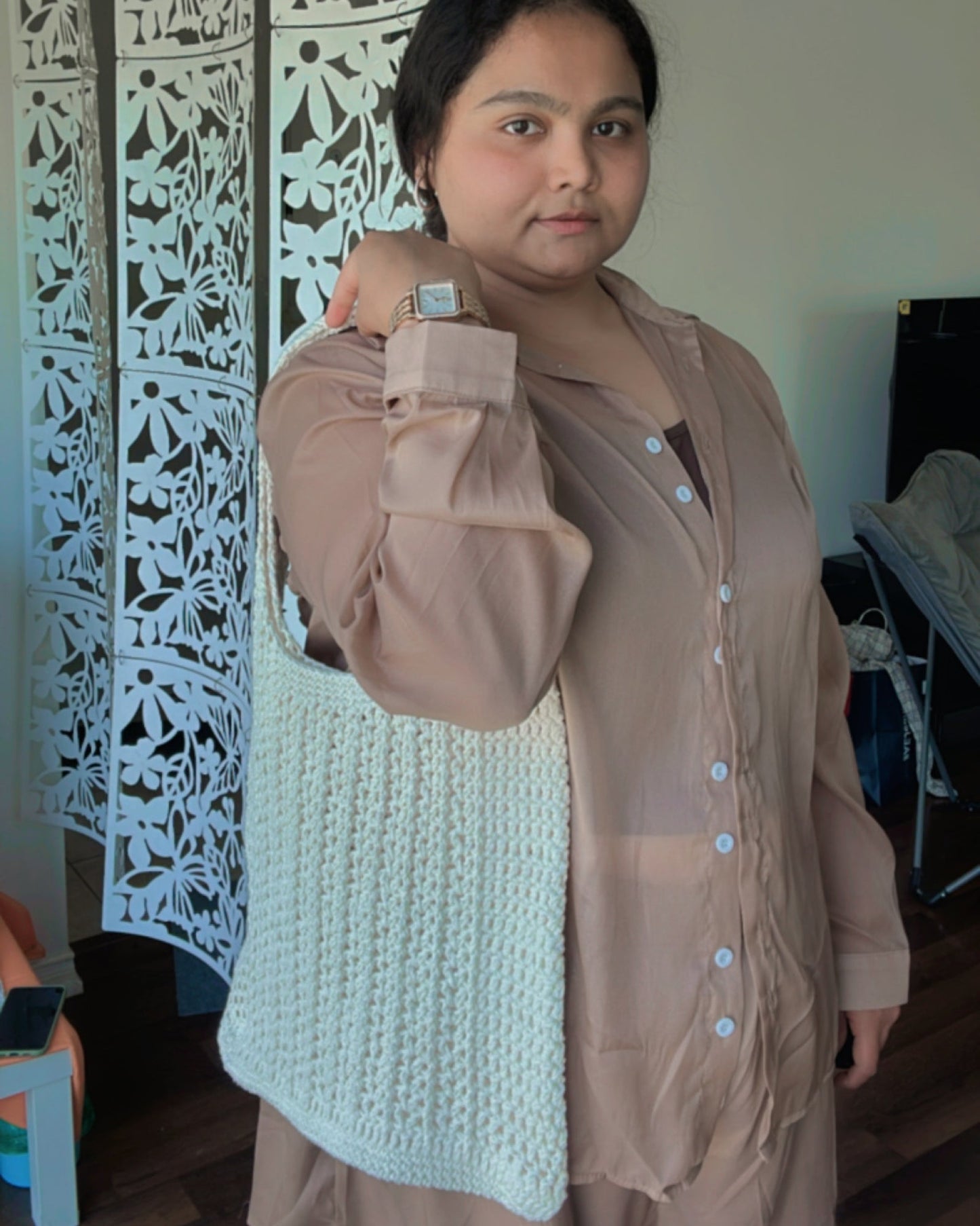 Cotton V Post Stitch Handmade Crochet Tote Bag - Eco-Friendly Mesh Shoulder Bag