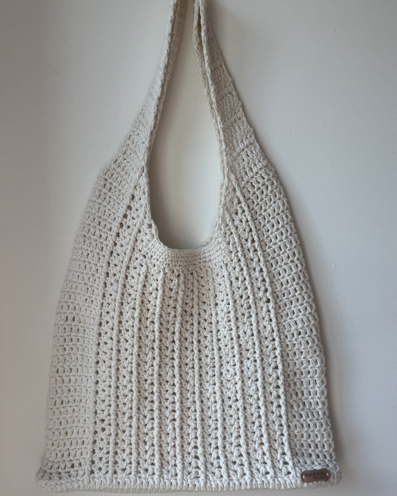 Cotton V Post Stitch Handmade Crochet Tote Bag - Eco-Friendly Mesh Shoulder Bag