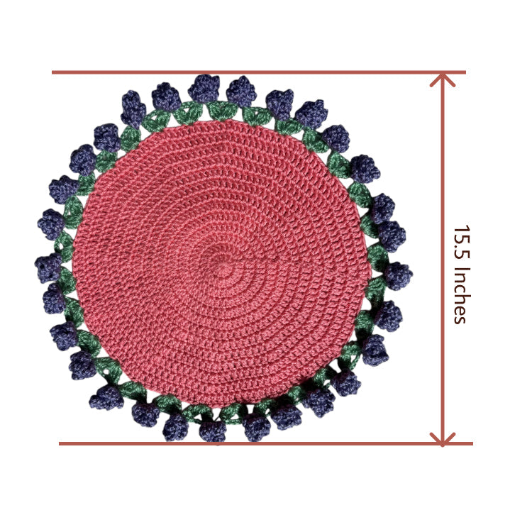 Dimension reference image for the Crochet Flower Bouquet Placemat Pattern digital download, showing measurements and scale of the finished placemat.
