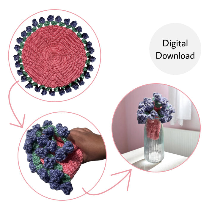 First image of the digital download crochet flower bouquet placemat pattern, featuring colorful handmade floral motifs arranged in a decorative table setting.