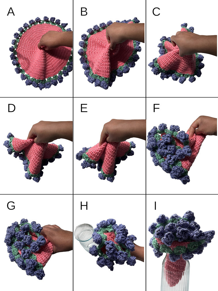 a crochet flower bouquet table placement steps image.